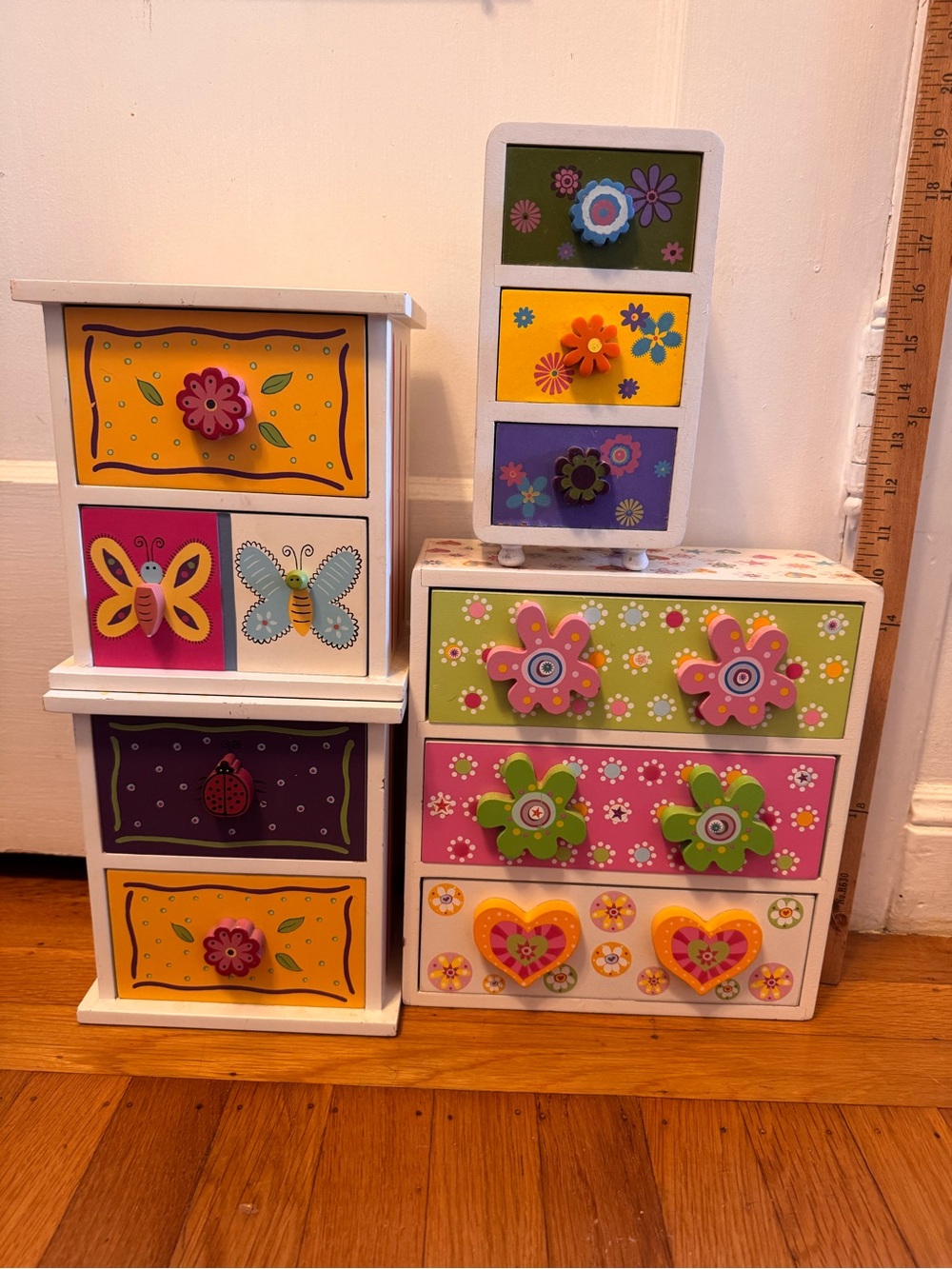 Wooden Floral & Butterfly Multi-Drawer Jewelry Organizer - Pink, Yellow, Green